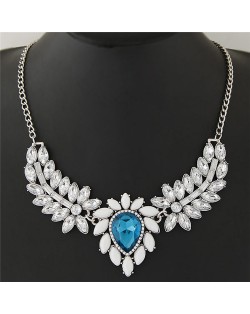 Shining Leaves and Flower Pendant Design Alloy Statement Necklace - Blue