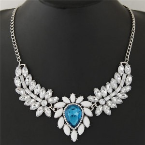 Shining Leaves and Flower Pendant Design Alloy Statement Necklace - Blue