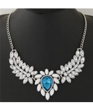 Shining Leaves and Flower Pendant Design Alloy Statement Necklace - Blue