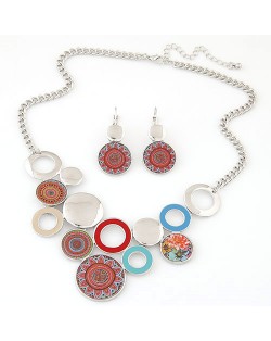 Bohemian Fashion Round Floral Design Plates and Rings Combo Statement Necklace and Earrings Set - Silver