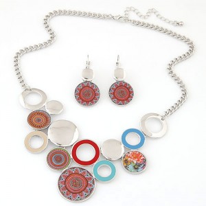 Bohemian Fashion Round Floral Design Plates and Rings Combo Statement Necklace and Earrings Set - Silver