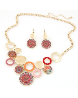 Bohemian Fashion Round Floral Design Plates and Rings Combo Statement Necklace and Earrings Set - Golden