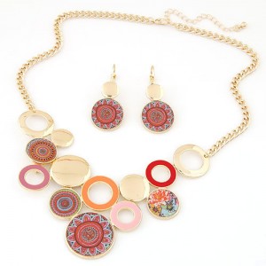 Bohemian Fashion Round Floral Design Plates and Rings Combo Statement Necklace and Earrings Set - Golden