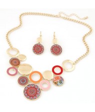 Bohemian Fashion Round Floral Design Plates and Rings Combo Statement Necklace and Earrings Set - Golden