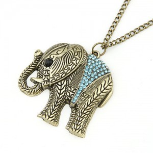 Rhinestone Embellished Vintage Elephant Costume Necklace - Blue