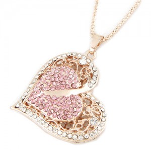Shining Rhinestone Embellished Golden Hollow Heart Pendant Fashion Necklace - Pink