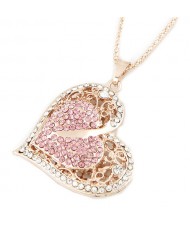Shining Rhinestone Embellished Golden Hollow Heart Pendant Fashion Necklace - Pink