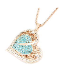 Shining Rhinestone Embellished Golden Hollow Heart Pendant Fashion Necklace - Blue