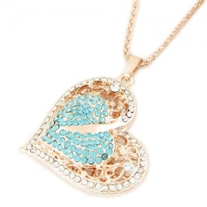 Shining Rhinestone Embellished Golden Hollow Heart Pendant Fashion Necklace - Blue