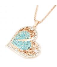Shining Rhinestone Embellished Golden Hollow Heart Pendant Fashion Necklace - Blue