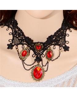 Gem Inlaid Gothic Fashion Hollow Lace Fashion Necklace - Red