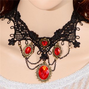 Gem Inlaid Gothic Fashion Hollow Lace Fashion Necklace - Red
