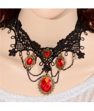Gem Inlaid Gothic Fashion Hollow Lace Fashion Necklace - Red