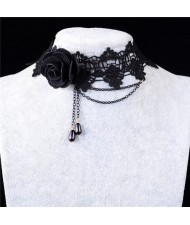 Gothic Style Black Flower Attached Tassel Beads Lace Necklace
