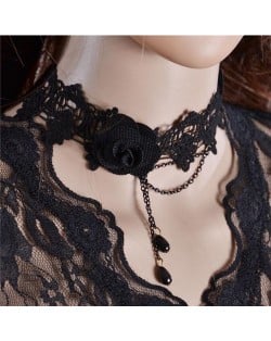 Gothic Style Black Flower Attached Tassel Beads Lace Necklace