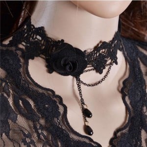 Gothic Style Black Flower Attached Tassel Beads Lace Necklace