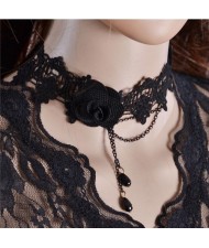 Gothic Style Black Flower Attached Tassel Beads Lace Necklace