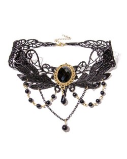 Gems Inlaid Vintage Style Tassel Black Floral Lace Necklace