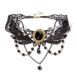 Gems Inlaid Vintage Style Tassel Black Floral Lace Necklace