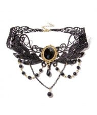 Gems Inlaid Vintage Style Tassel Black Floral Lace Necklace