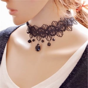 Graceful Waterdrops Pendant Hollow Black Floral Lace Necklet