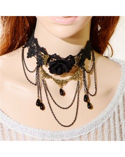 Gorgeous Rose Attached Chain Tassel Black Floral Lace Fashion Necklace