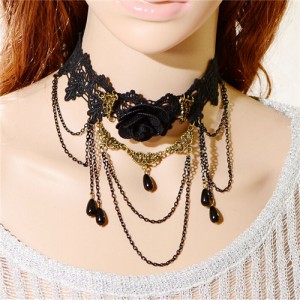 Gorgeous Rose Attached Chain Tassel Black Floral Lace Fashion Necklace
