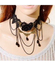 Gorgeous Rose Attached Chain Tassel Black Floral Lace Fashion Necklace