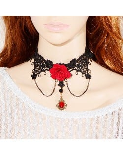 Red Rose Attached Tassel Fashion Lace Necklace