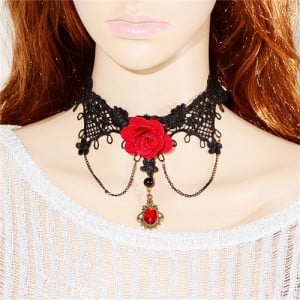 Red Rose Attached Tassel Fashion Lace Necklace