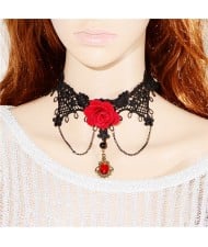 Red Rose Attached Tassel Fashion Lace Necklace