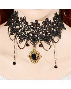 Classic Vintage Floral Pendant and Tassel Wide Style Black Lace Necklet