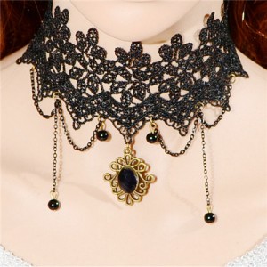 Classic Vintage Floral Pendant and Tassel Wide Style Black Lace Necklet