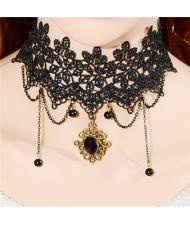 Classic Vintage Floral Pendant and Tassel Wide Style Black Lace Necklet