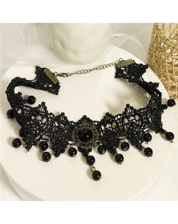 Multi-layer Arches Beads Tassel with Vintage Flower Attached Black Lace Necklace