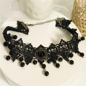Multi-layer Arches Beads Tassel with Vintage Flower Attached Black Lace Necklace