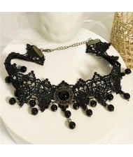 Multi-layer Arches Beads Tassel with Vintage Flower Attached Black Lace Necklace