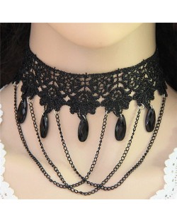 Pink Rose with Gem Inlaid Pendant White Lace Fashion Necklace