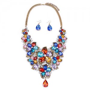 Cute Tiny Flowers Cluster Design Statement Necklace and Earrings Set - Multicolor