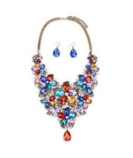 Cute Tiny Flowers Cluster Design Statement Necklace and Earrings Set - Multicolor