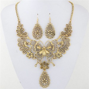 Vintage Hollow Butterfly Flowers and Waterdrops Design Costume Necklace and Earrings Set - Golden