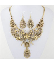 Vintage Hollow Butterfly Flowers and Waterdrops Design Costume Necklace and Earrings Set - Golden