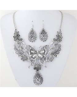 Vintage Hollow Butterfly Flowers and Waterdrops Design Costume Necklace and Earrings Set - Silver