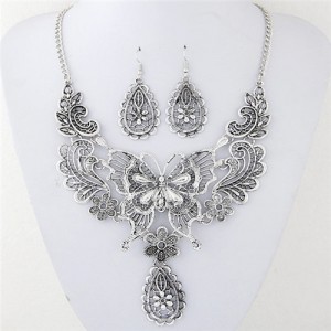 Vintage Hollow Butterfly Flowers and Waterdrops Design Costume Necklace and Earrings Set - Silver