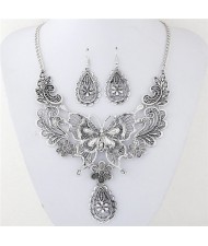 Vintage Hollow Butterfly Flowers and Waterdrops Design Costume Necklace and Earrings Set - Silver