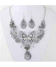 Vintage Hollow Butterfly Flowers and Waterdrops Design Costume Necklace and Earrings Set - Silver