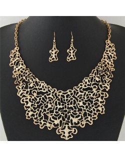 Hollow Style Abstract Flowers and Vines Design Statement Necklace and Earrings Set - Golden