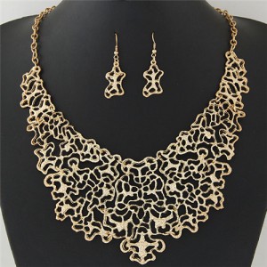 Hollow Style Abstract Flowers and Vines Design Statement Necklace and Earrings Set - Golden