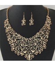 Hollow Style Abstract Flowers and Vines Design Statement Necklace and Earrings Set - Golden