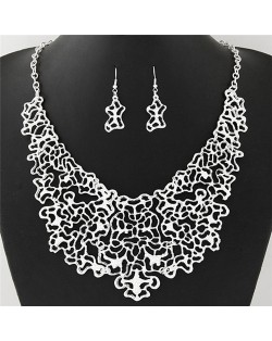 Hollow Style Abstract Flowers and Vines Design Statement Necklace and Earrings Set - Silver